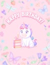 White unicorn with cake. Vector birthday greeting card with slogan on pink background. Royalty Free Stock Photo