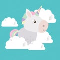 White unicorn cartoon and clouds vector design