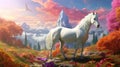 White unicorn in fairyland in beautiful rainbow valley, under sky filled with fluffy white clouds. White horse with horn Royalty Free Stock Photo