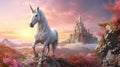White unicorn in fairyland in beautiful valley with castle. White horse with horn. Magical creature. Fantasy world. For