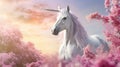 White unicorn in fairyland in beautiful valley with pink flowers. White horse with horn. Magical creature. Fantasy world