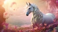 White unicorn in fairyland in beautiful valley with pink flowers. White horse with horn. Magical creature. Fantasy world
