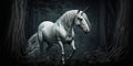 White unicorn horse in dark forest. Royalty Free Stock Photo
