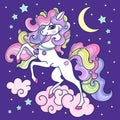 White unicorn with a long mane in the sky on a cloud. Vector
