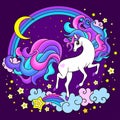 White unicorn with a long rainbow mane in the night sky. Beautiful children`s illustration. Vector