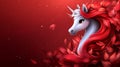 a beautiful illustration of a white unicorn with a red mane made of feathers, set against a deep red background with subtle light Royalty Free Stock Photo