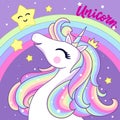 A white unicorn looks at the stars against the background of a rainbow. Vector