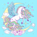 White unicorn with moon and clouds. Art for girls. Vector illustration