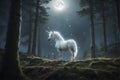 white unicorn in mysterious forest at night with moonlight glow