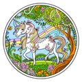 White unicorn ornamental color round vector illustration