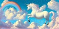 White unicorn Pegasus pony horse in heaven.Kawaii cute fairy tale sweet dreamy pastel rainbow fluffy clouds sky with stars.