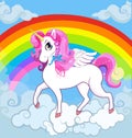 White unicorn with pink mane on sky with rainbow and clouds Royalty Free Stock Photo