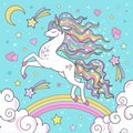 White unicorn on a rainbow. Children`s illustration. Vector.