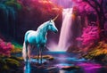 a white unicorn standing in the middle of a forest next to a waterfall