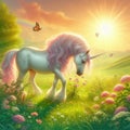 Unicorn in Flower Field with Butterflies and Rainbow
