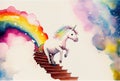 White unicorn is stepping down the stairs to exit the top of success on rainbow background. Business metaphor and success concept Royalty Free Stock Photo