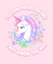 White unicorn surrounded with flowers and butterflies. Vector illustration with slogan on pink background.