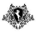 Unicorn horse and rose flowers black and white heraldic coat of arms