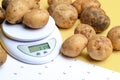 White unwashed fresh potatoes on the scales near the calendar