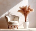 White upholstered barrel chair and vase with pampas grass near stucco wall. Interior design of modern living room. Created with