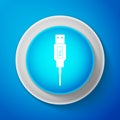 White USB cable cord icon isolated on blue background. Connectors and sockets for PC and mobile devices. Computer Royalty Free Stock Photo