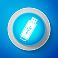 White USB flash drive icon isolated on blue background. Circle blue button with white line. Vector