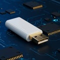 A white USB flash drive with a metallic connector is placed on a dark blue, circuit board Royalty Free Stock Photo