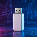 White USB flash drive stands vertically on a surface resembling a circuit board, Royalty Free Stock Photo