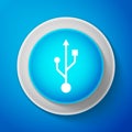 White USB symbol icon isolated on blue background. Circle blue button with white line. Vector Royalty Free Stock Photo