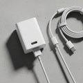 A white USB wall charger and cables rest on a textured grey surface Royalty Free Stock Photo