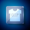 White USSR t-shirt icon isolated on blue background. Square glass panels. Vector