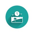 White Vacation time icon isolated with long shadow. Green circle button. Vector