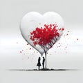 White valentine couple under heart shaped leaves tree illustration