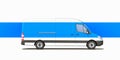 White Van With Blank Blue Stripe On White Background. Fast Delivery In Quarantine Time. 3D Rendering Royalty Free Stock Photo