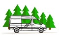 White van with forest in the background. Living van life, camping in nature, travelling icon.