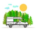 White van with forest in the background. Sun and clouds. Living van life, camping in nature, travelling icon.