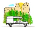 White van with forest and sandstone rock formation in the background. Living van life, camping in nature, travelling concept.