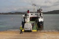 White van loading onto the Isle Mull bound ferry from Iona, Scottish isles, UK.