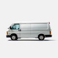 White van is parked on plain background, with front of vehicle facing towards camera. The van has its doors open and Royalty Free Stock Photo