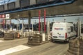 White van using pay station on a French motorway near Le Harve Northern France.