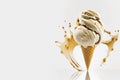 White vanilla ice cream with chocolate topping in a waffle cone on a white background. Royalty Free Stock Photo