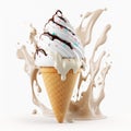 White vanilla ice cream with chocolate topping in a waffle cone on a white background. Royalty Free Stock Photo