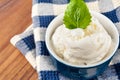 White vanilla ice-cream with green mint. Closeup. Royalty Free Stock Photo