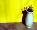 White vase with dried flowers on  yellow background casting shadows . Minimal modern interior decoration concept. wabi sabi style Royalty Free Stock Photo
