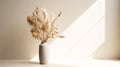 White Vase With Dried Grasses: Backlit Photography In Light Beige And Light Amber