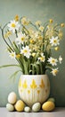 A white vase filled with lots of yellow and white flowers. Digital image. Easter decorations.