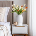 White vase with flowers on round nightstand near bed. Art deco style interior design of modern bedroom Royalty Free Stock Photo