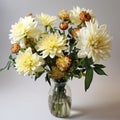 White Vase Full Of Dahlias: A Stunning 1970s Nonrepresentational Floral Arrangement Royalty Free Stock Photo