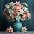 Realistic Paper Cutout Daffodil Arrangement In Teal And Pink Royalty Free Stock Photo