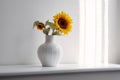 White vase with two sunflowers in it on window sill. Generative AI Royalty Free Stock Photo